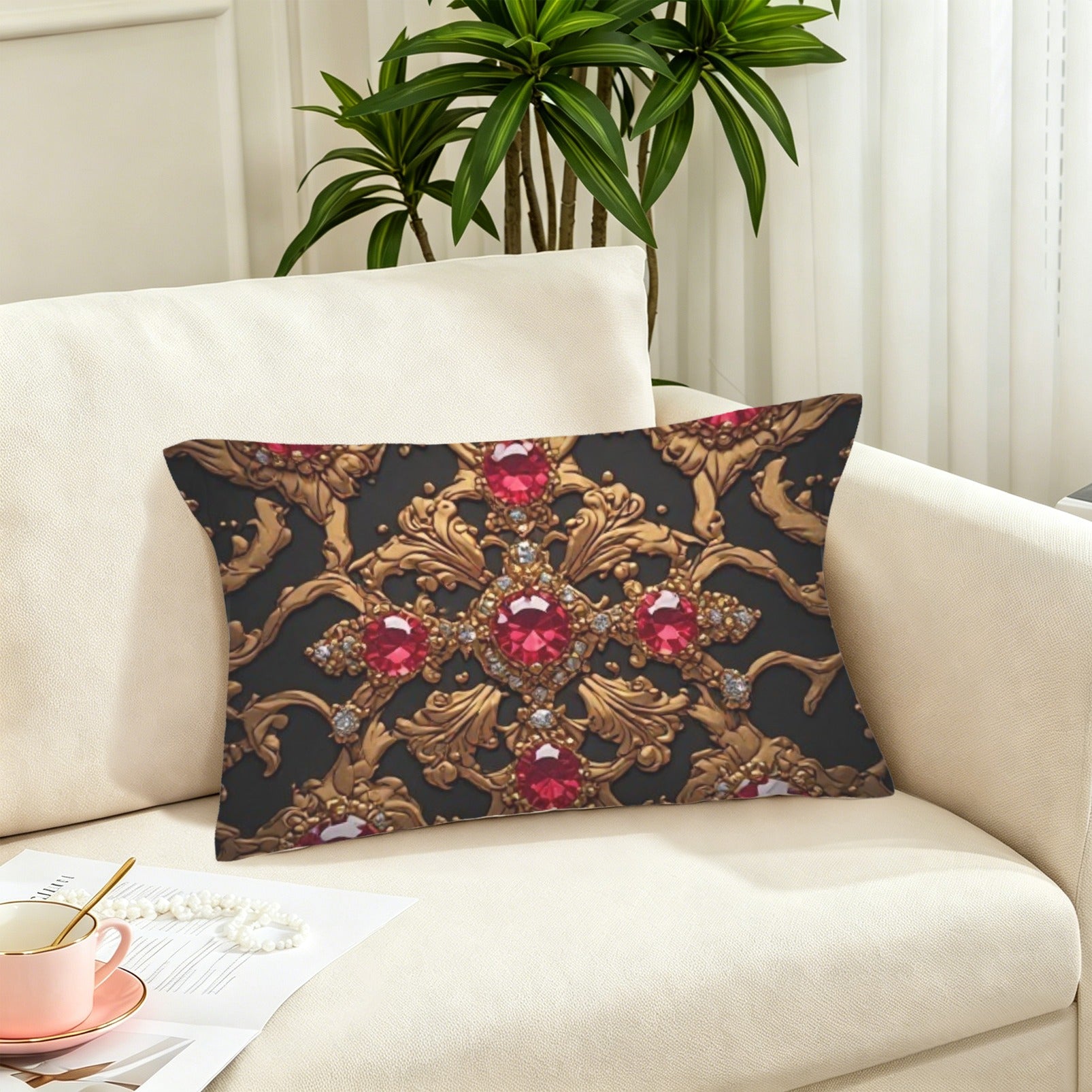 Royal Ruby Luxury Throw Pillow | Ruby Gem Accent Cushion | Black Gold Baroque Decorative Pillow | Elegant Home Decor | Luxury Living Room Pillow