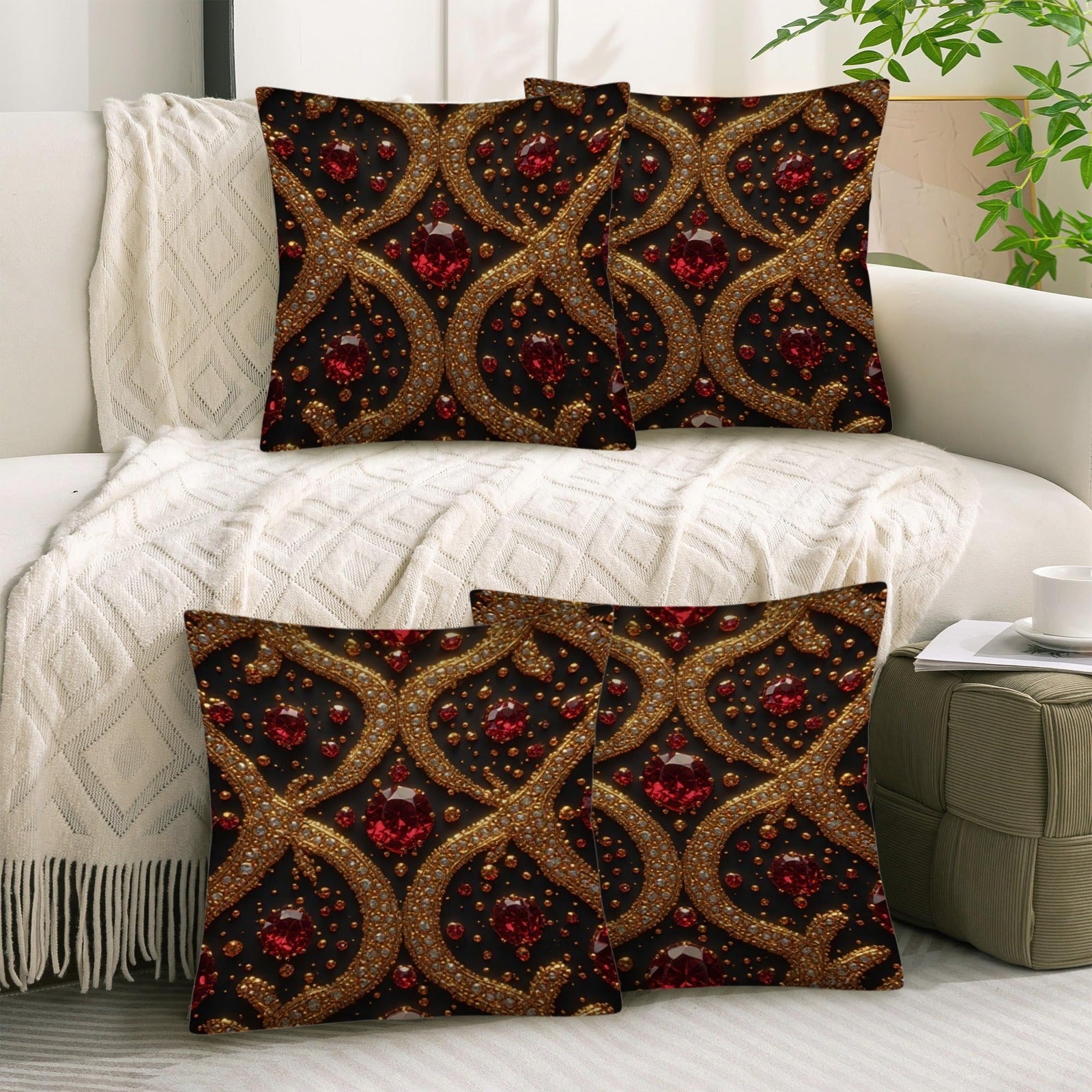 Crimson Noir Luxury Throw Pillow | Ruby Gem Accent Pillow | Gothic Glam Home Decor | Black Gold Decorative Cushion | Luxe Living Room Pillow