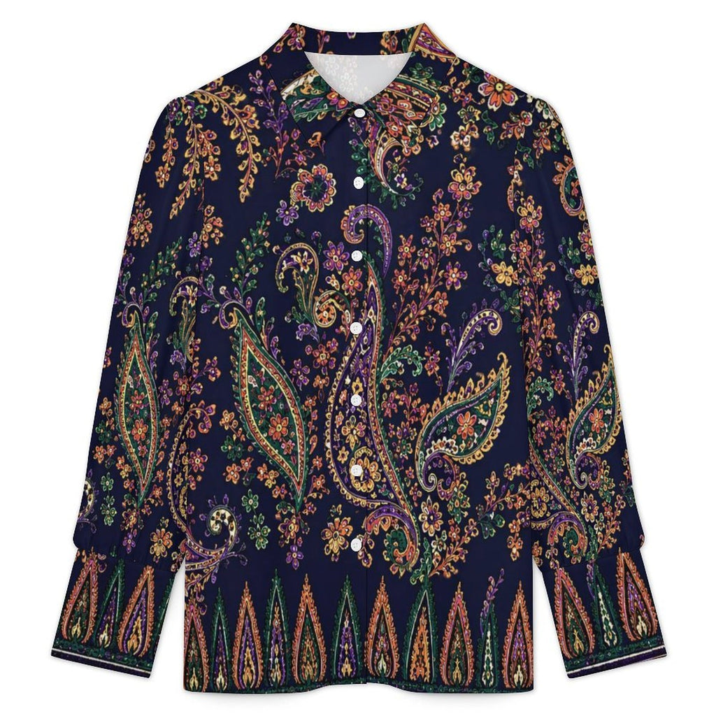 Indigo Manor Paisley Satin Blouse | Luxury Boho Button Down Shirt | Women's Elegant Long Sleeve Top | Boutique Resort Wear | Iyalla Designs
