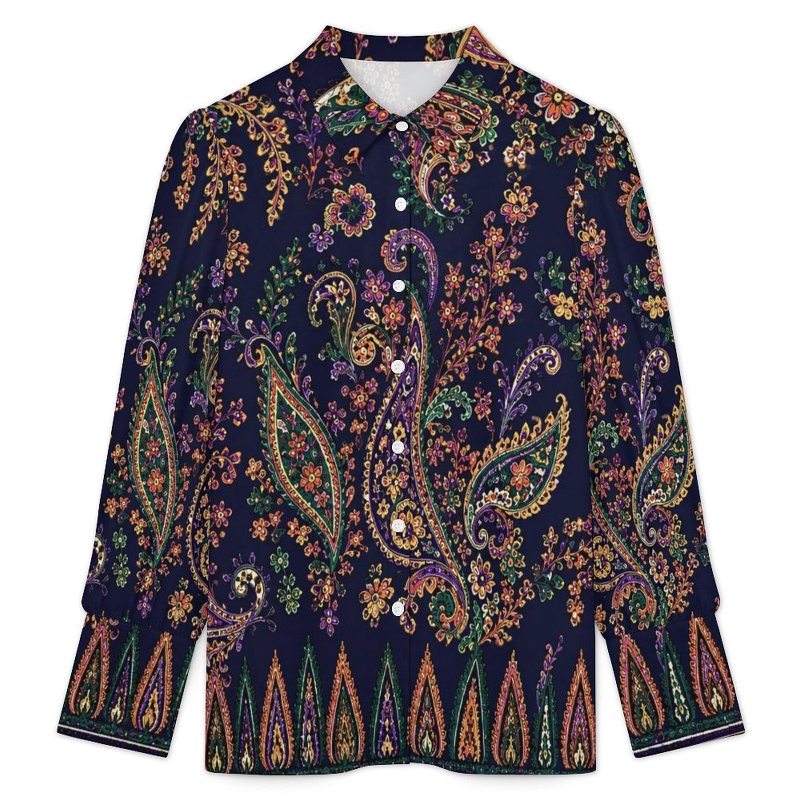 Indigo Manor Paisley Satin Blouse | Luxury Boho Button Down Shirt | Women's Elegant Long Sleeve Top | Boutique Resort Wear | Iyalla Designs