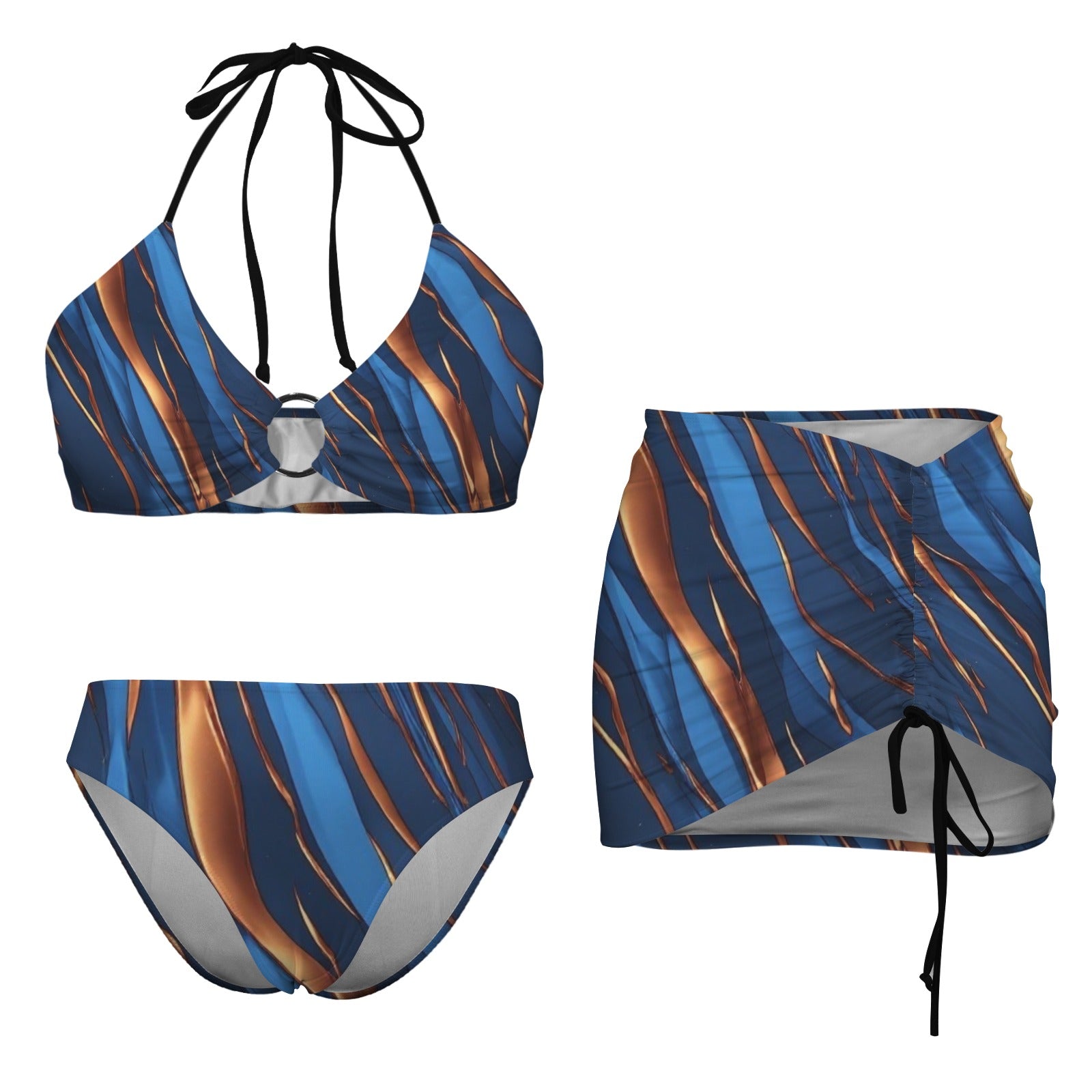 Blue Gold Short Set for Women | Luxury Three Piece Lounge Set | Abstract Resort Wear | Women's Summer Outfit | Vacation Matching Set | Biker Shorts Set