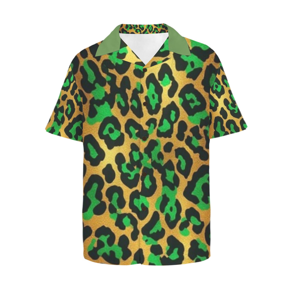 Men's Green Leopard Print Button Down Shirt | Luxury Animal Print Resort Shirt for Men | Tropical Vacation Shirt | Bold Casual Statement Wear