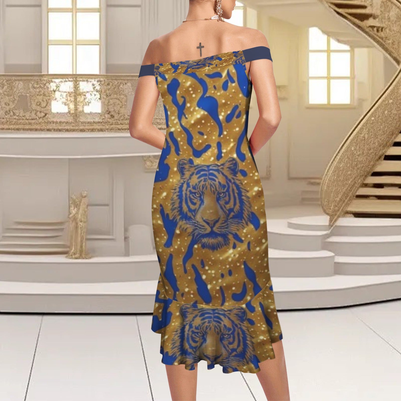 Royal Tiger Off-Shoulder Midi Dress | Blue & Gold Luxury Evening Dres