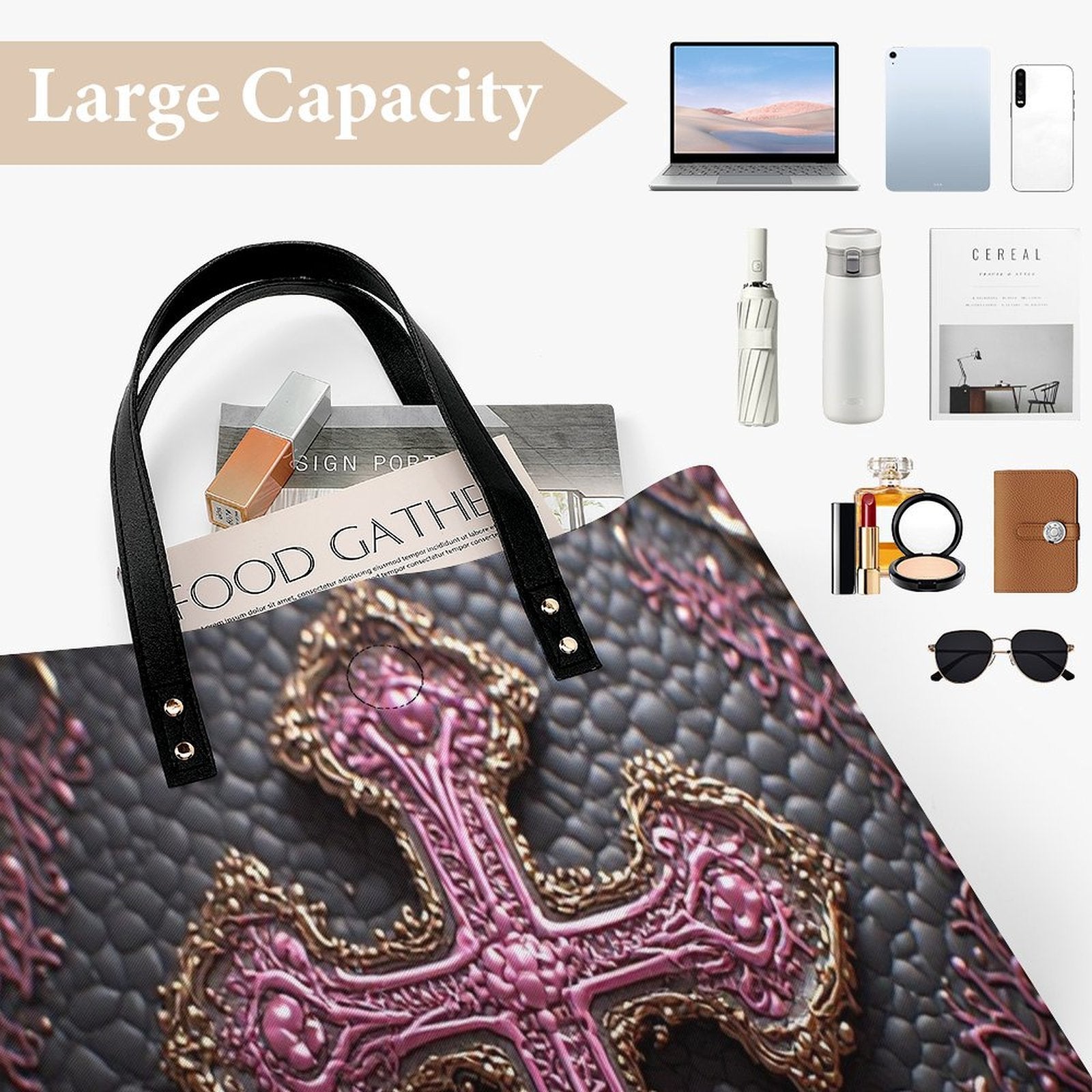 Kerri Luxury Cross Tote Bag | Black Pink & Gold Statement Handbag | Elegant Christian Faith Shoulder Bag | Iyalla Designs