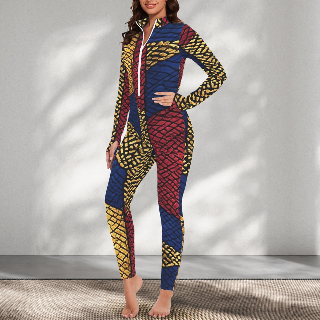 African Print Catsuit | Women's Long Sleeve Jumpsuit | Luxury Bodycon One Piece | Festival Outfit | Statement Fashion | Resort Evening Wear