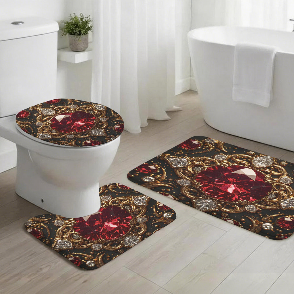 Luxury Ruby Bathroom Mat Set | Gothic Glam Bath Rugs | Red Jewel Bathroom Decor | Black Gold Bath Mat Set | Baroque Bathroom Accessories