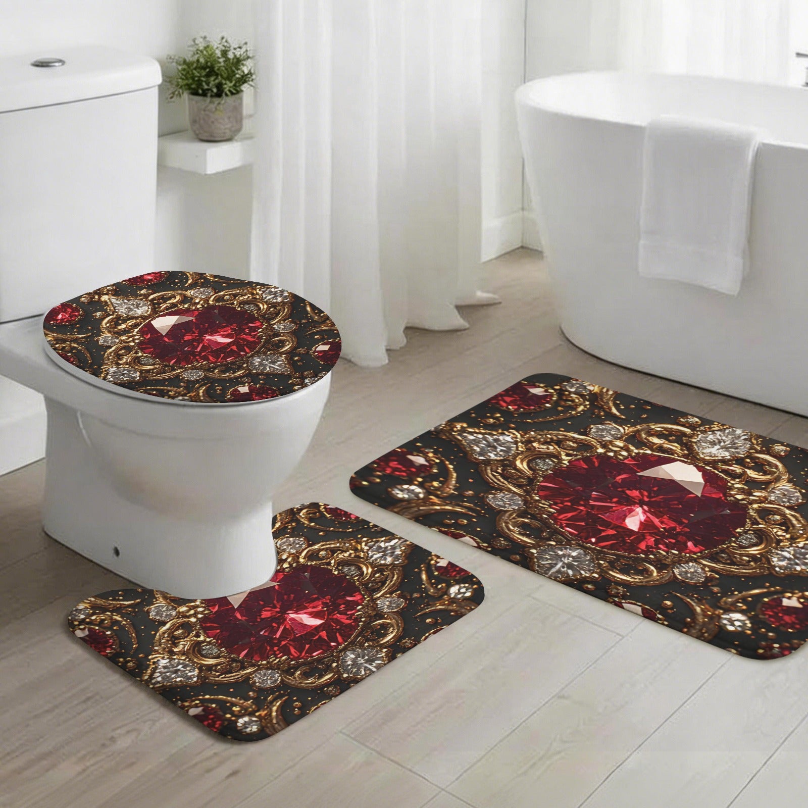 Luxury Ruby Bathroom Mat Set | Gothic Glam Bath Rugs | Red Jewel Bathroom Decor | Black Gold Bath Mat Set | Baroque Bathroom Accessories