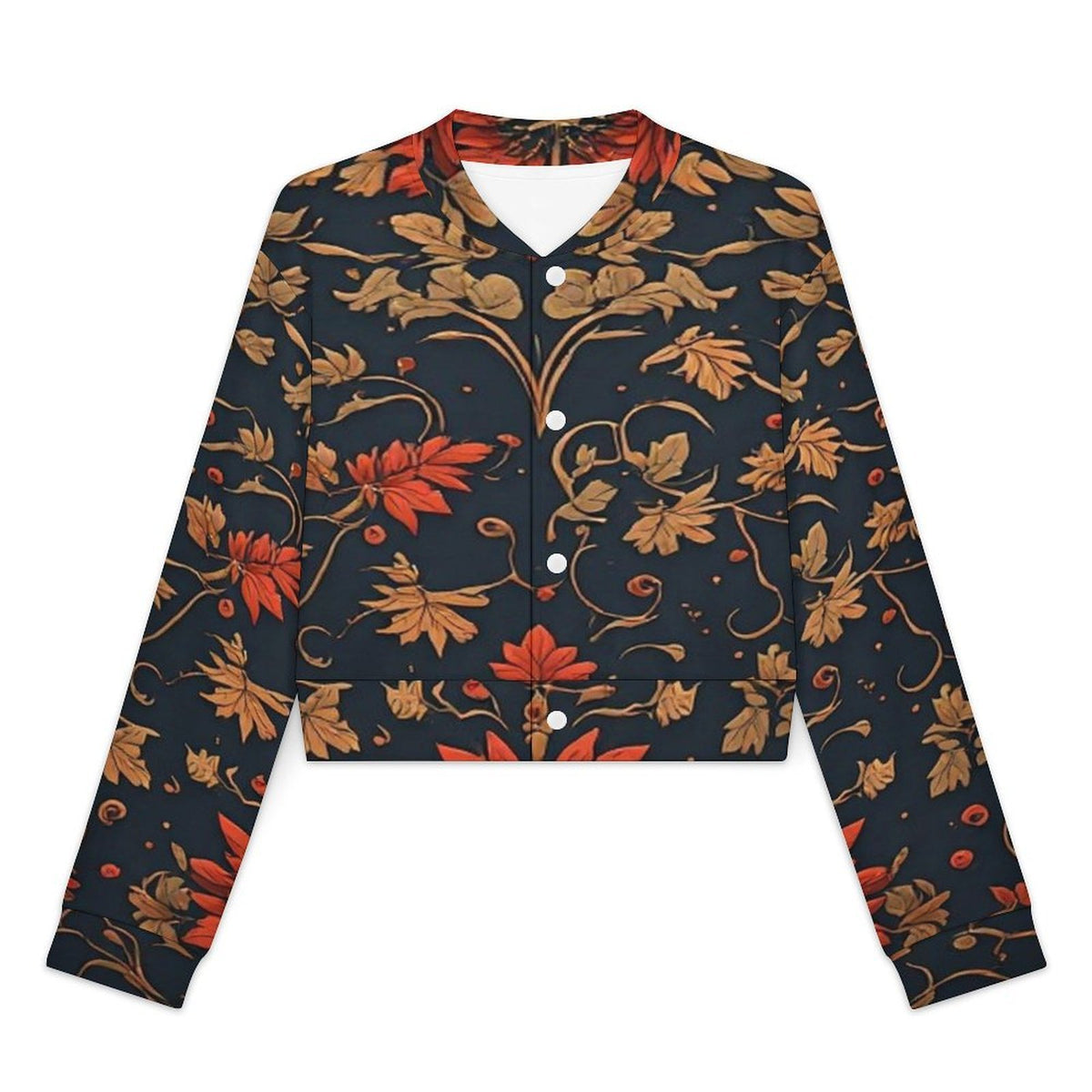 Women’s Floral Cropped Jacket, Navy Red Gold Botanical Bomber Jacket, Autumn Statement Jacket, Women’s Artistic Fall Outerwear