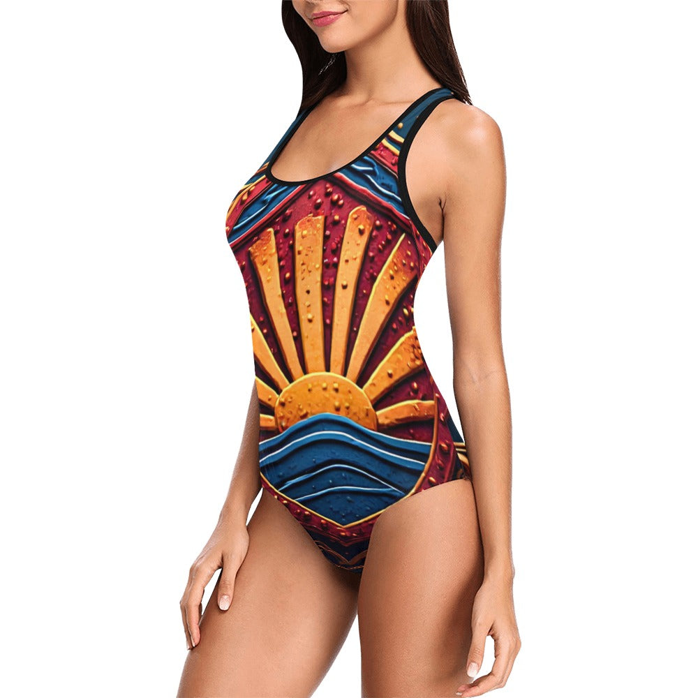 Sunflower One Piece Swimsuit, Tropical Floral Bathing Suit for Women, Sunrise Beach Swimwear, Vacation Resort Swimsuit, Blue Gold Swimwear