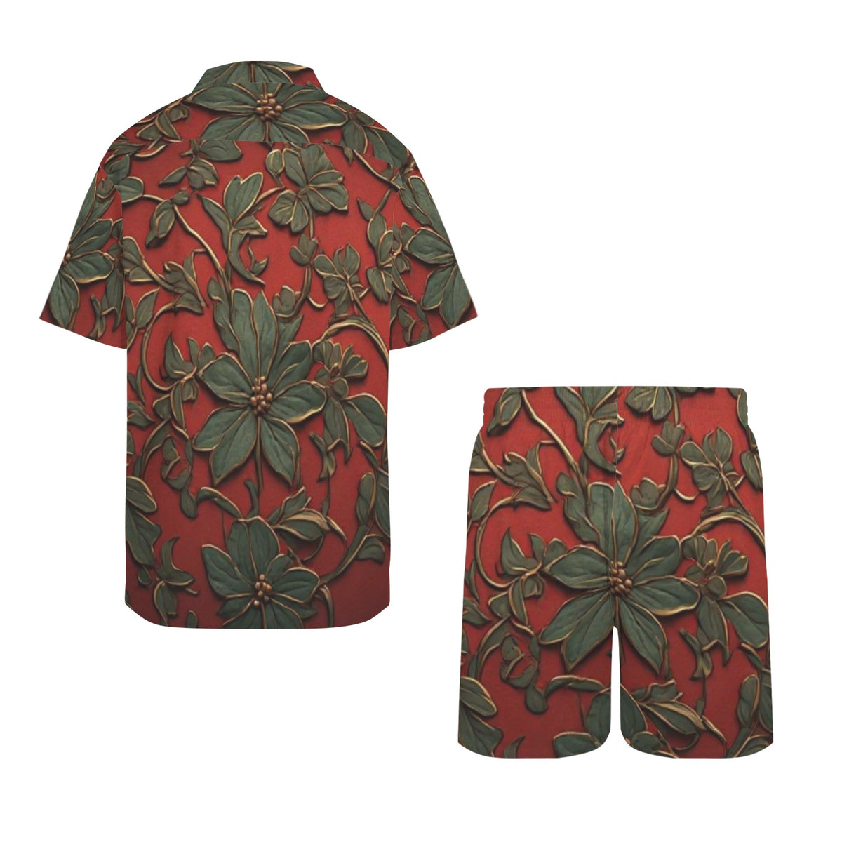 Men's Luxury Botanical Shirt & Shorts Set | Red & Green Floral Resort Outfit | Tropical Vacation Two Piece | Iyalla Designs