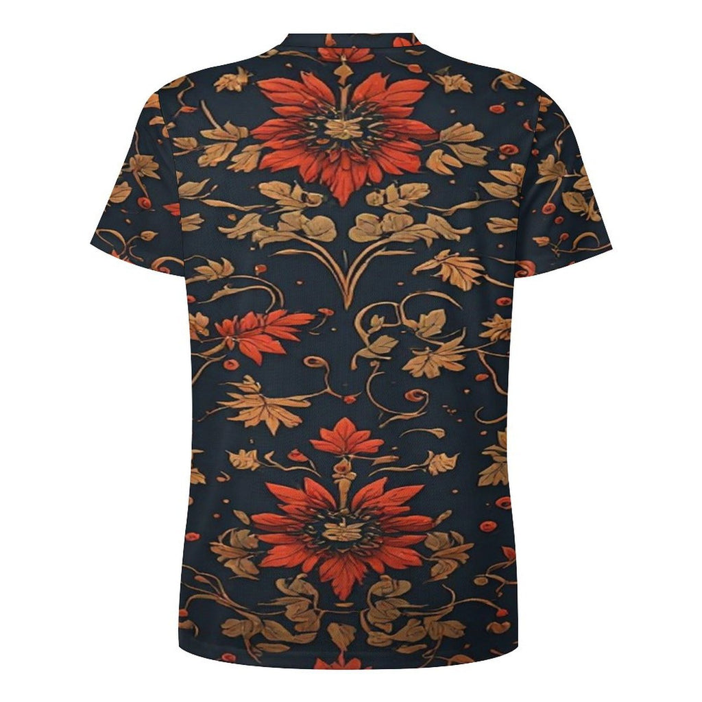 Men’s Floral Print T Shirt, Navy Red Gold Botanical Tee, Artistic Statement Shirt, Luxury Casual Fall Shirt for Men
