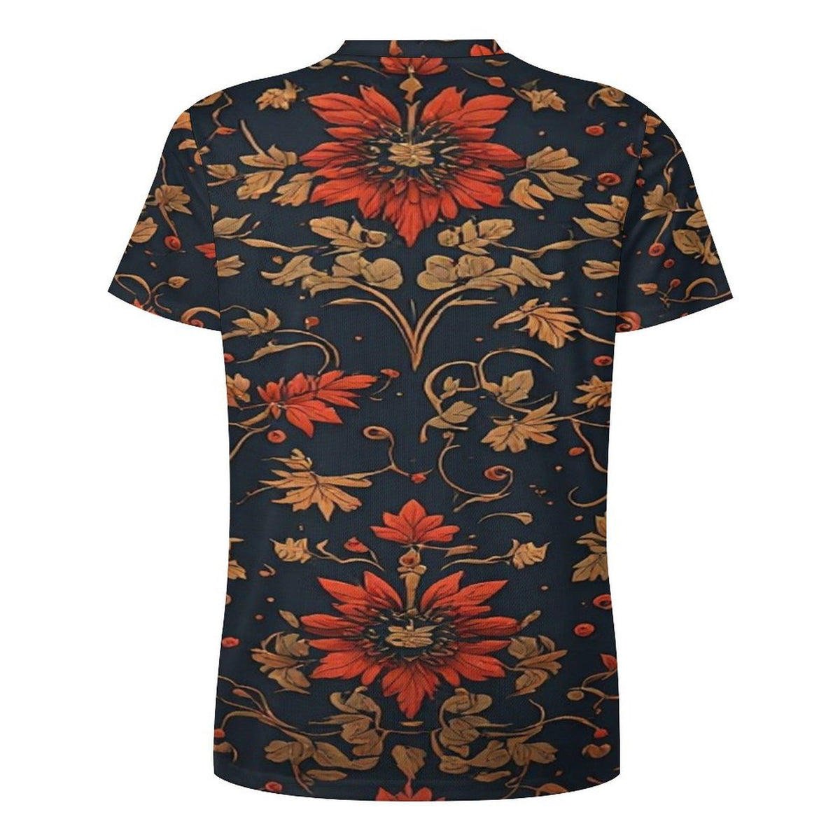 Men’s Floral Print T Shirt, Navy Red Gold Botanical Tee, Artistic Statement Shirt, Luxury Casual Fall Shirt for Men