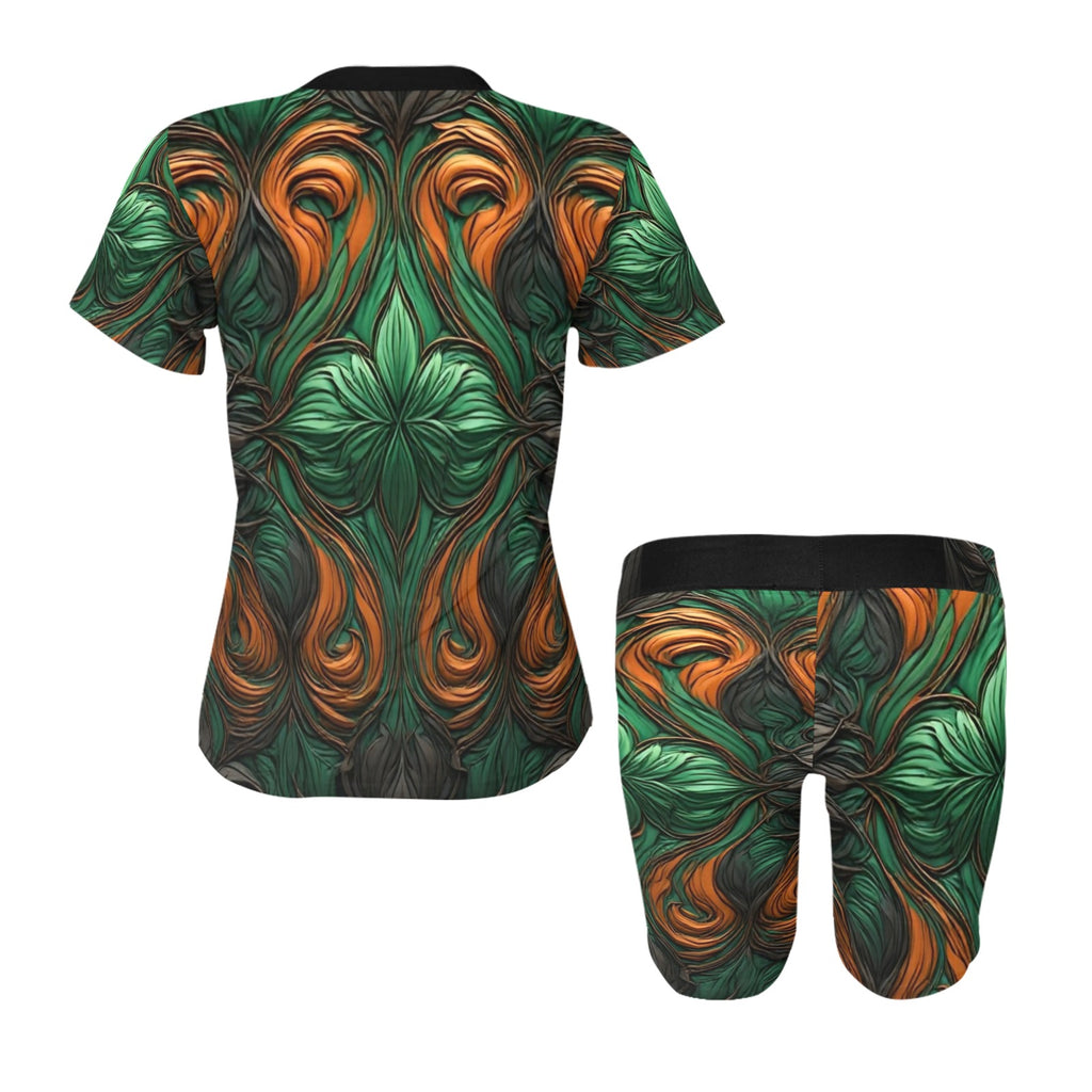 Women's Tropical Green Abstract Romper | Luxury One Piece Short Set | Boho Festival Outfit | Summer Vacation Outfit | Resort Wear | Casual Lounge Set