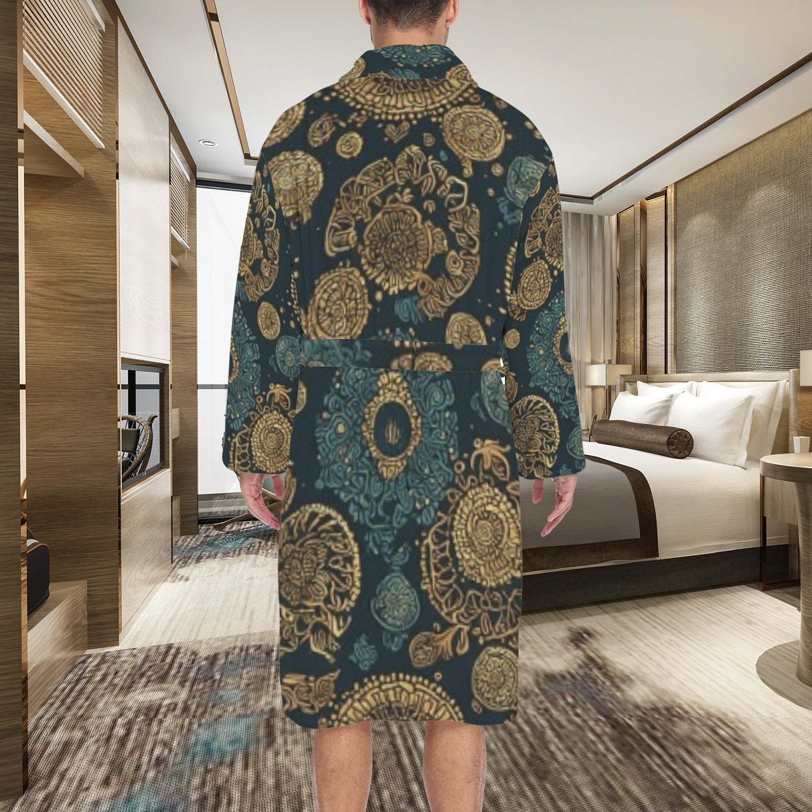 Men's Luxury African Print Robe | Premium Spa Bathrobe | Blue Gold Designer Lounge Robe | Elegant Men's House Coat | Iyalla Designs