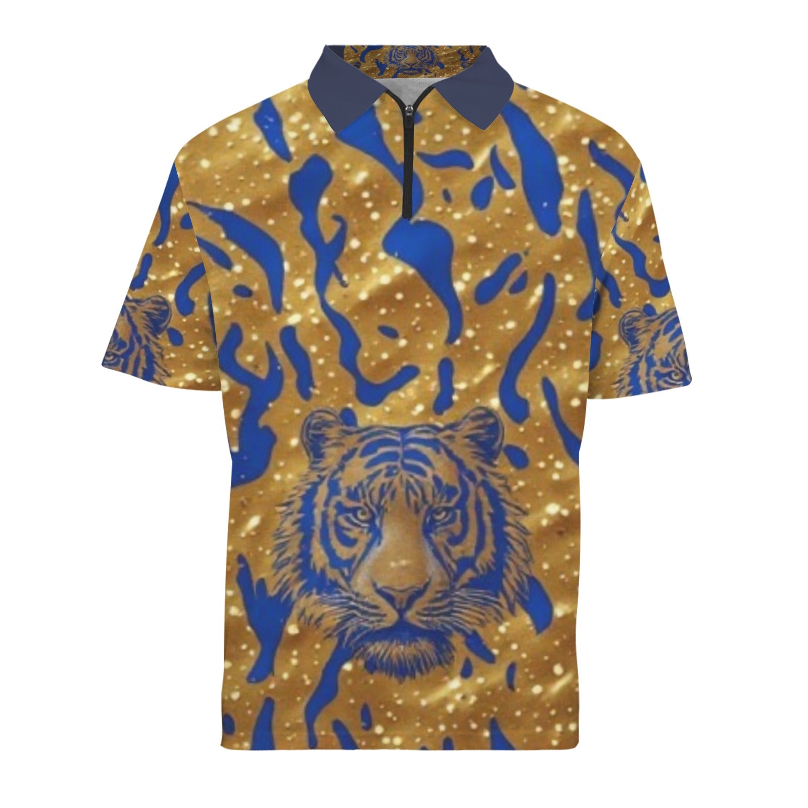 Men's Blue Gold Tiger Polo Shirt | Luxury African Print Golf Shirt | Regal Tiger Graphic Polo for Men | Casual Resort Wear | Statement Streetwear