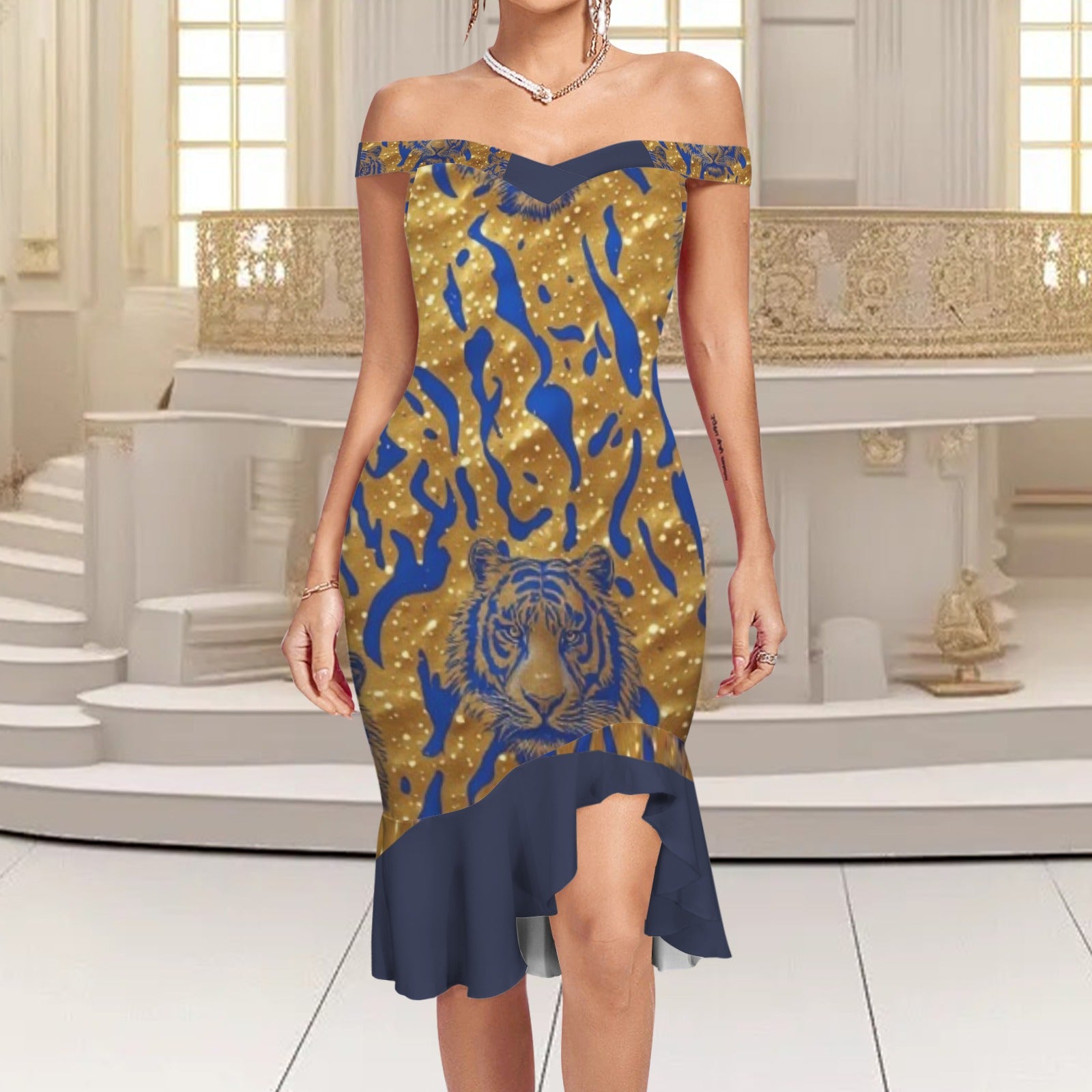 Royal Tiger Off-Shoulder Midi Dress | Blue & Gold Luxury Evening Dres