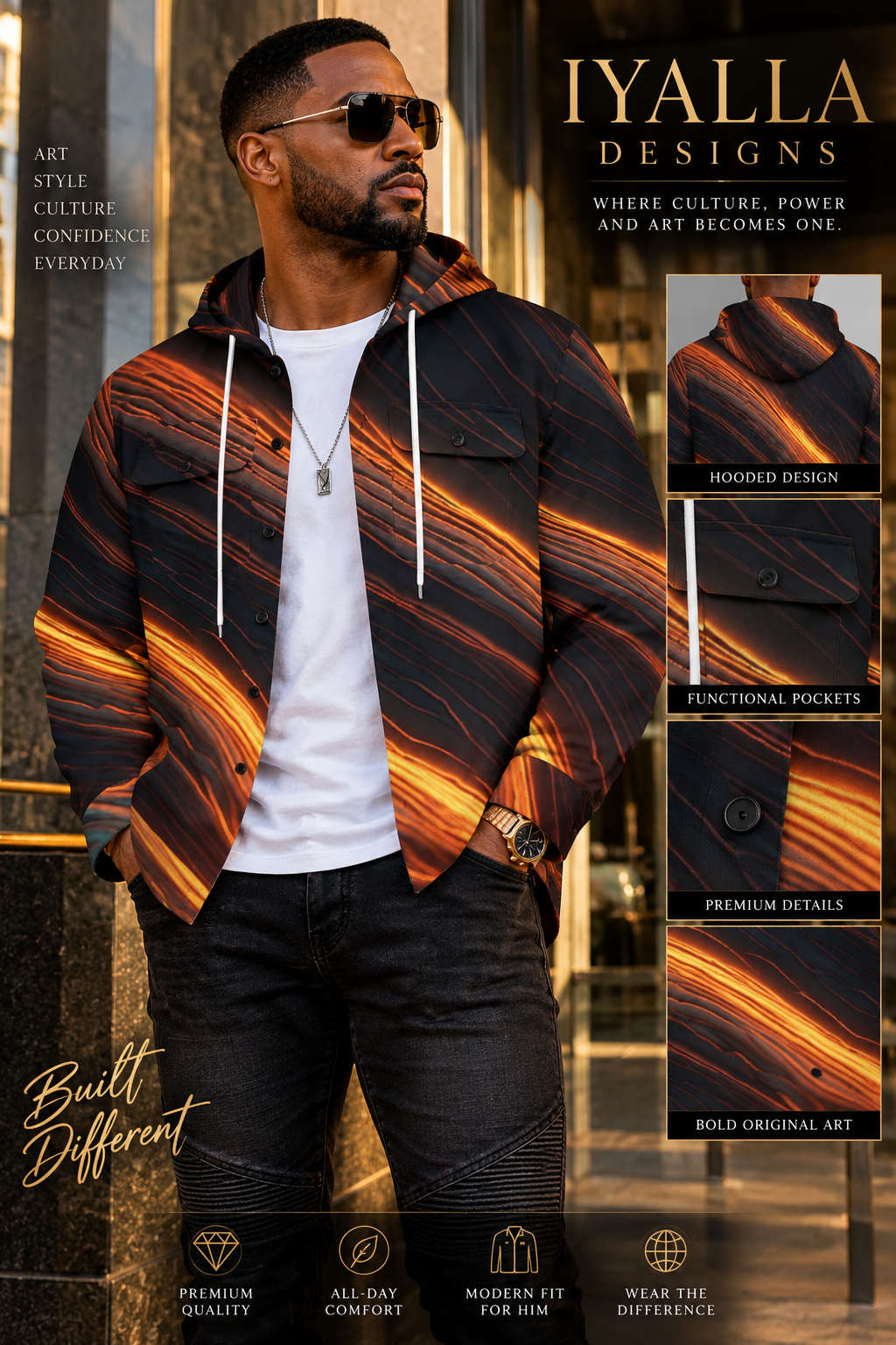 Men’s Abstract Hooded Jacket, Black Gold Orange Statement Jacket, Artistic Fall Shirt Jacket, Luxury Streetwear Jacket for Men