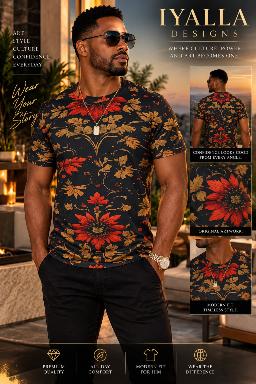 Men’s Floral Print T Shirt, Navy Red Gold Botanical Tee, Artistic Statement Shirt, Luxury Casual Fall Shirt for Men