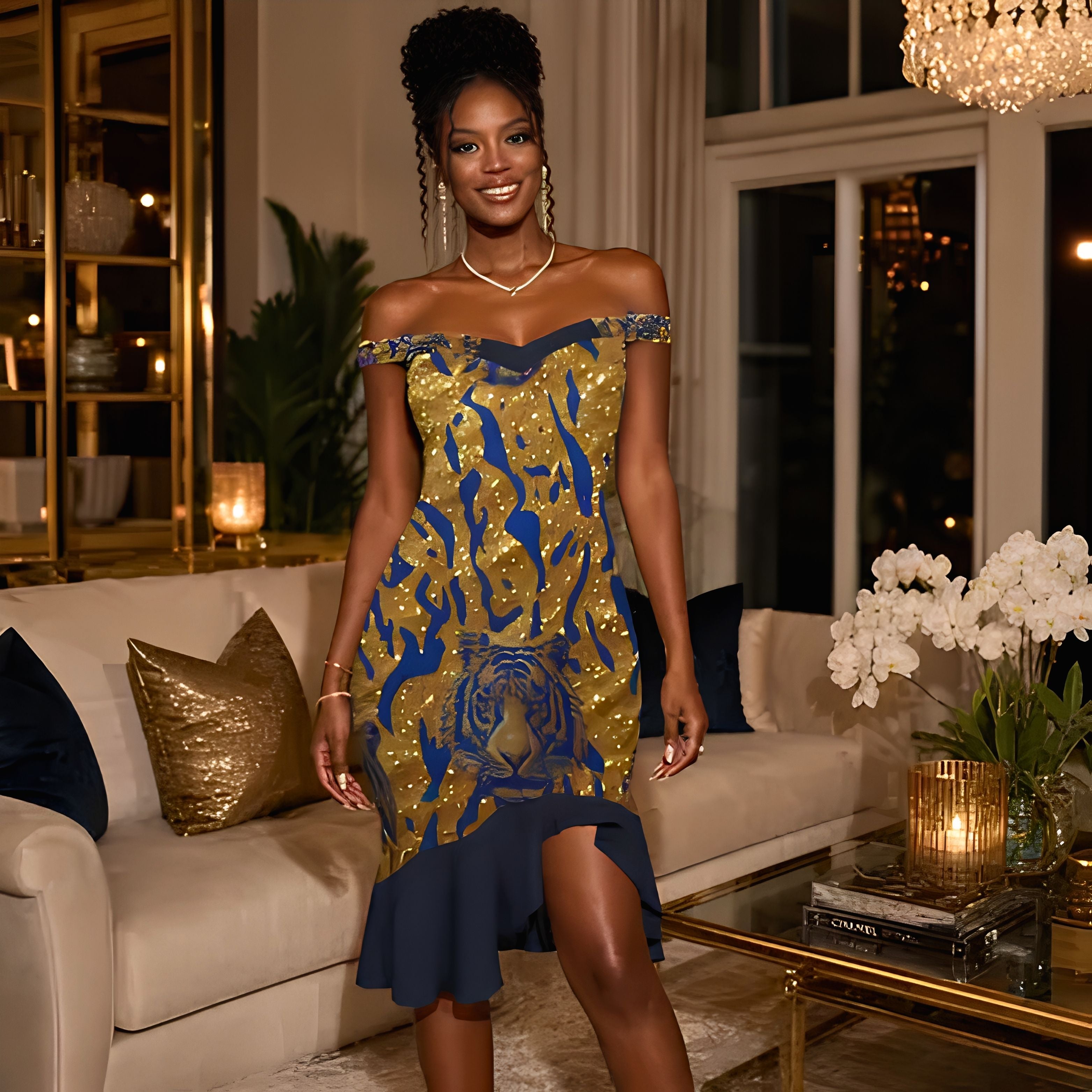 Royal Tiger Off-Shoulder Midi Dress | Blue & Gold Luxury Evening Dres