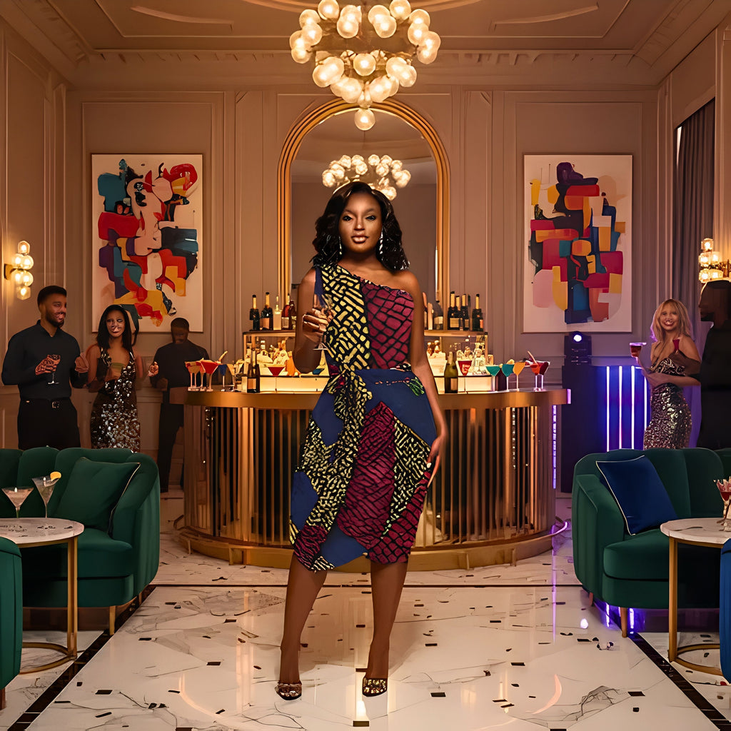 Afropolitan One Shoulder Cocktail Dress | African Inspired Luxury Evening Midi Dress