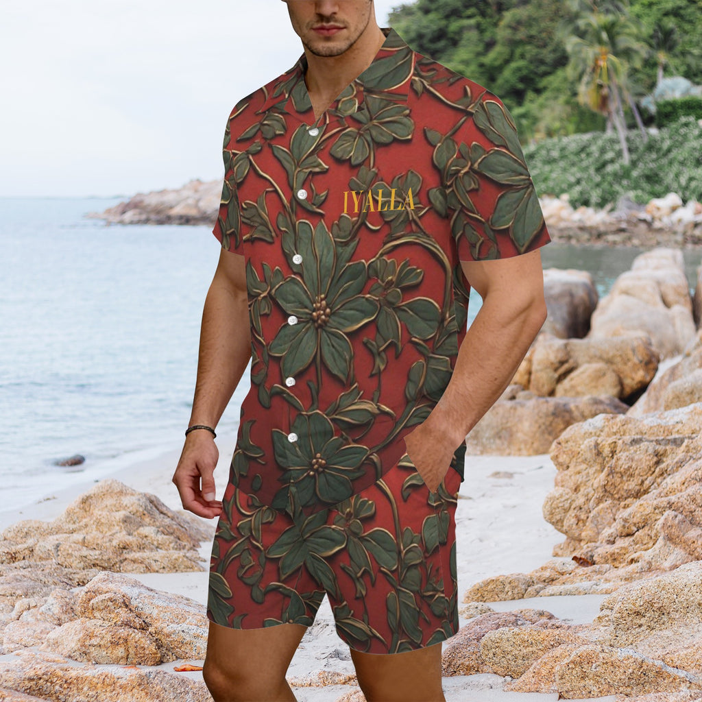 Men's Luxury Botanical Shirt & Shorts Set | Red & Green Floral Resort Outfit | Tropical Vacation Two Piece | Iyalla Designs