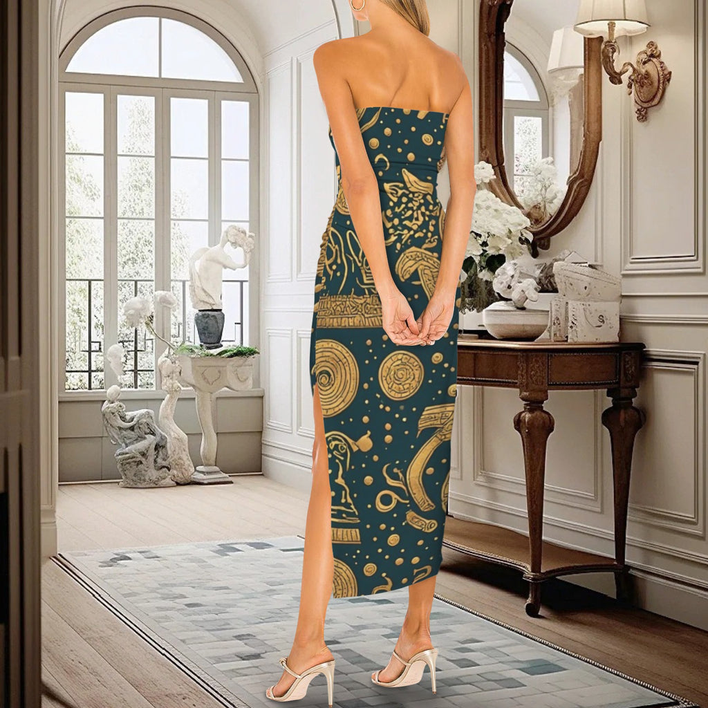 African Print Strapless Maxi Dress | Green Gold Tribal Evening Dress | Luxury Afrocentric Resort Wear | Elegant Summer Dress