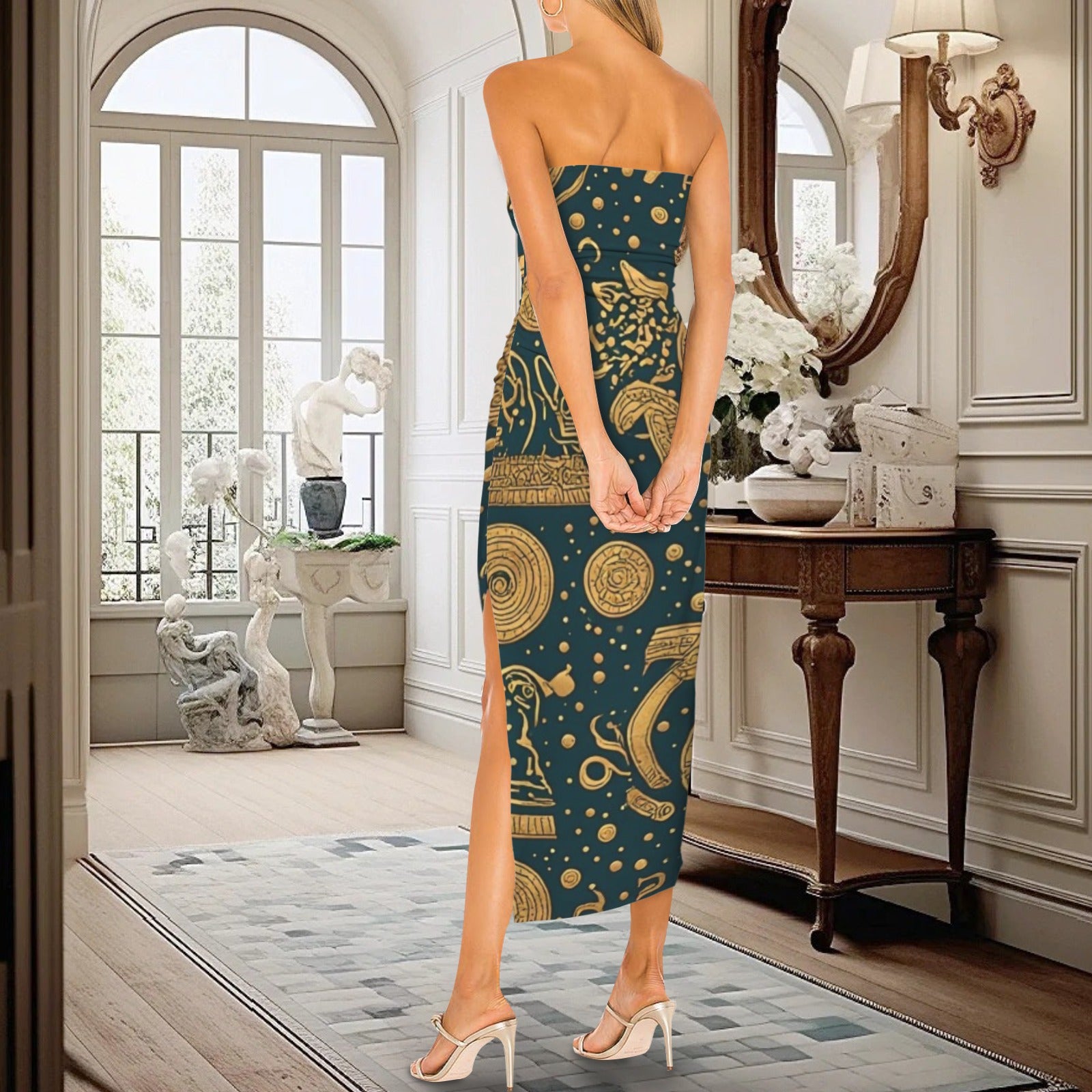 African Print Strapless Maxi Dress | Green Gold Tribal Evening Dress | Luxury Afrocentric Resort Wear | Elegant Summer Dress