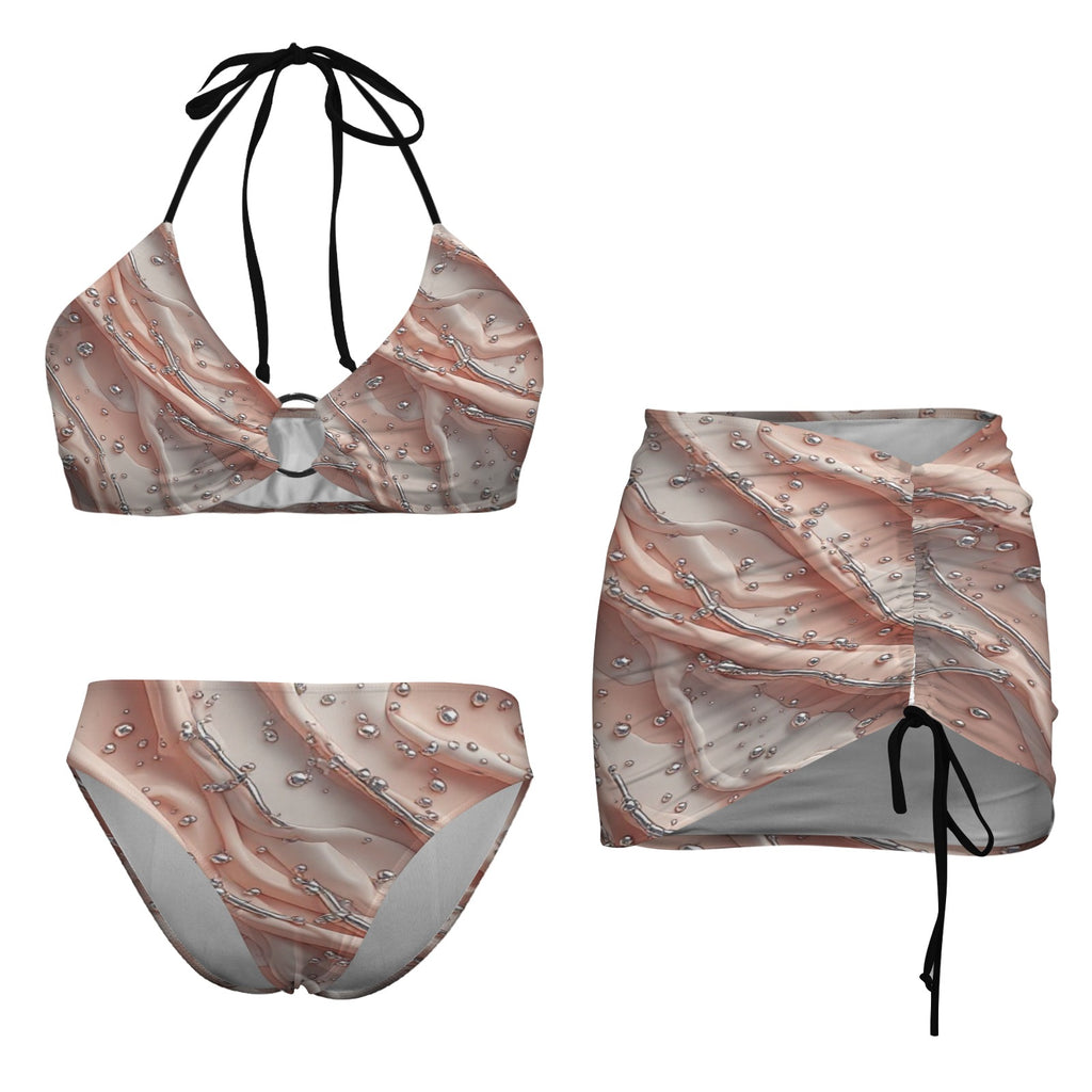 peach and silver 3 piece swimsuit Drawstring Halterneck Three-Piece Swimsuit Skirt