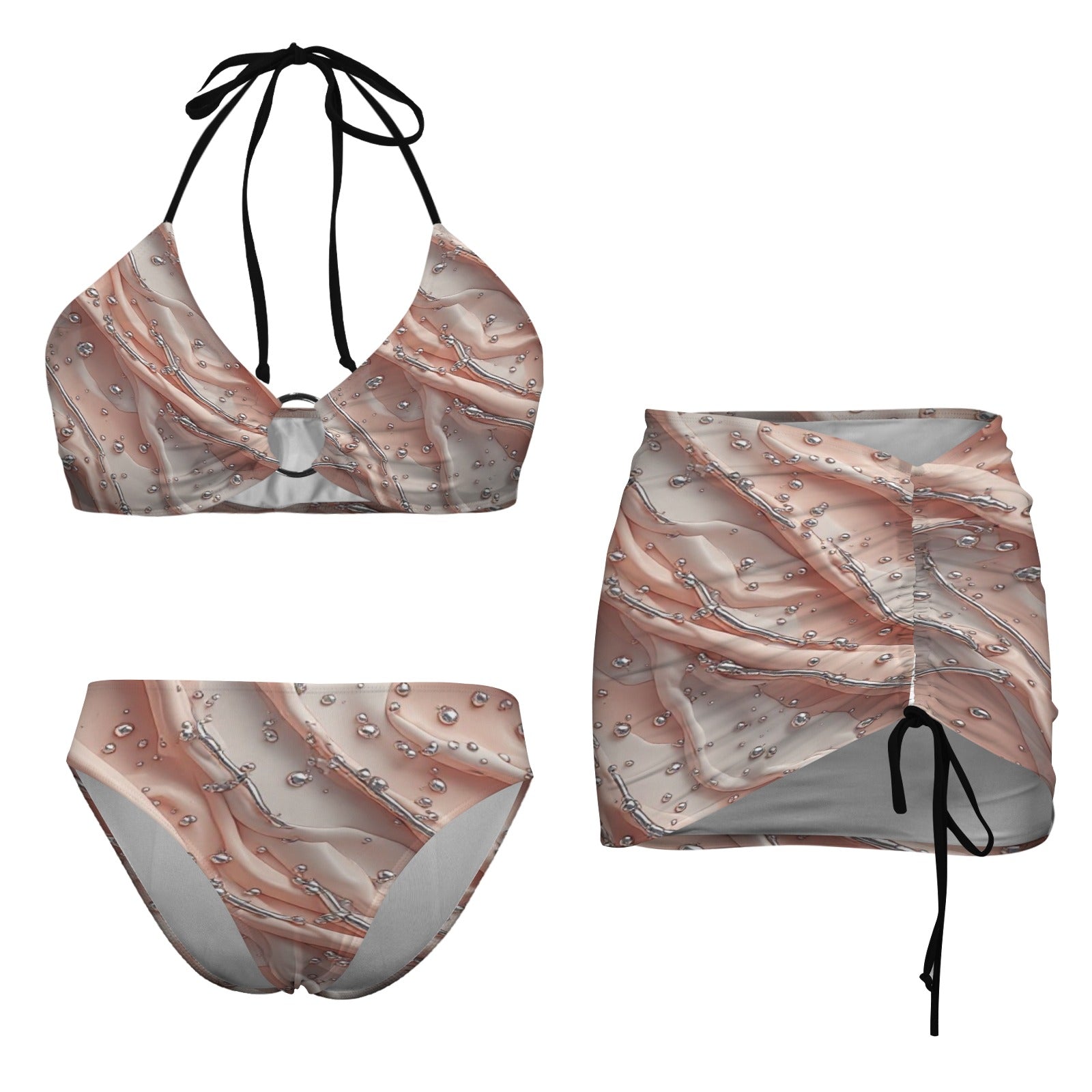 peach and silver 3 piece swimsuit Drawstring Halterneck Three-Piece Swimsuit Skirt