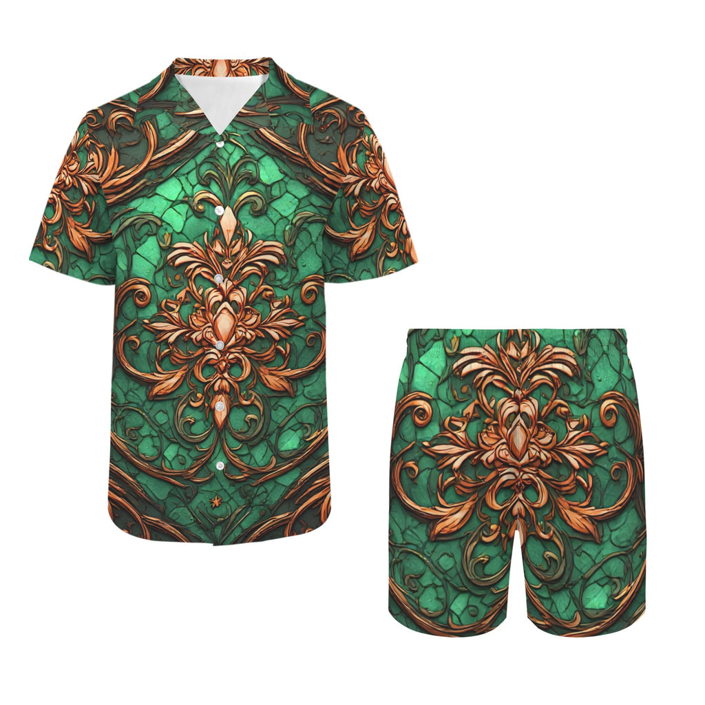 Men's Green Baroque Shirt and Shorts Set | Luxury Resort Matching Set | Tropical Vacation Outfit | Emerald Gold Summer Co-Ord | Black Excellence Style
