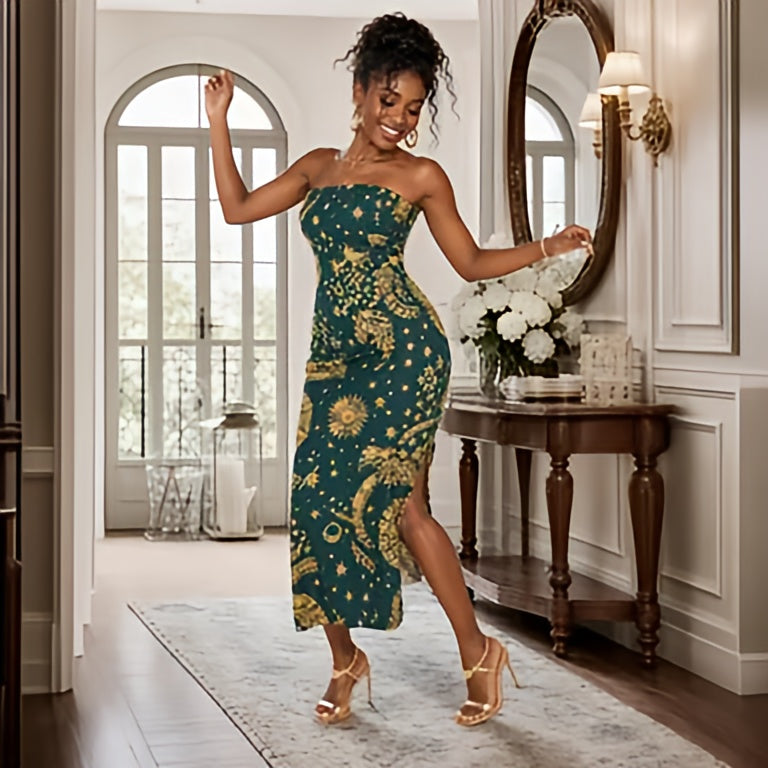 African Print Strapless Maxi Dress | Green Gold Tribal Evening Dress | Luxury Afrocentric Resort Wear | Elegant Summer Dress