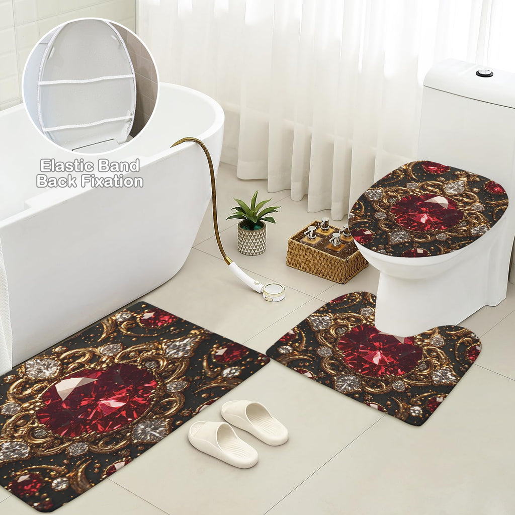 Luxury Ruby Bathroom Mat Set | Gothic Glam Bath Rugs | Red Jewel Bathroom Decor | Black Gold Bath Mat Set | Baroque Bathroom Accessories
