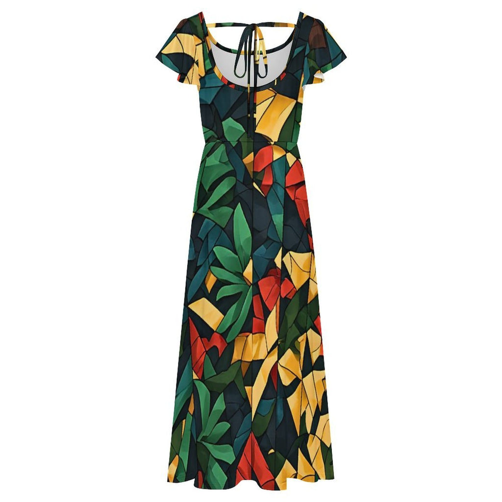 Tropical Print Maxi Dress with Slit, Colorful African Inspired Resort Dress, Green Gold Red Vacation Dress, Women