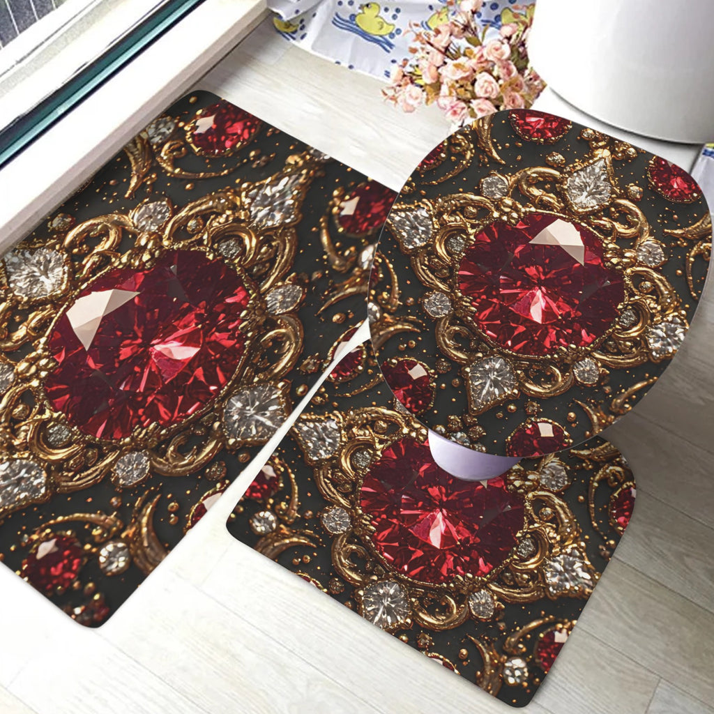 Luxury Ruby Bathroom Mat Set | Gothic Glam Bath Rugs | Red Jewel Bathroom Decor | Black Gold Bath Mat Set | Baroque Bathroom Accessories