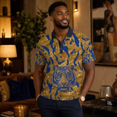 Men's Blue Gold Tiger Polo Shirt | Luxury African Print Golf Shirt | Regal Tiger Graphic Polo for Men | Casual Resort Wear | Statement Streetwear