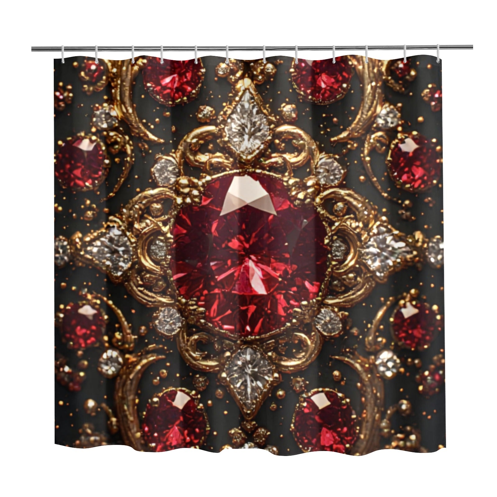 Luxury Ruby Gem Shower Curtain | Gothic Glam Bathroom Decor | Black and Gold Bathroom Curtain | Red Jewel Bath Decor | Baroque Bathroom Accessories