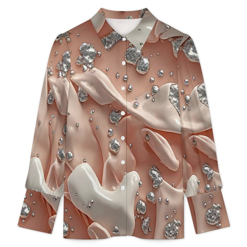 Luxury Satin Marble Print Blouse for Women | Elegant Long Sleeve Button Down Shirt | Chic Office Wear | Modern Fashion Top | Gift for Her