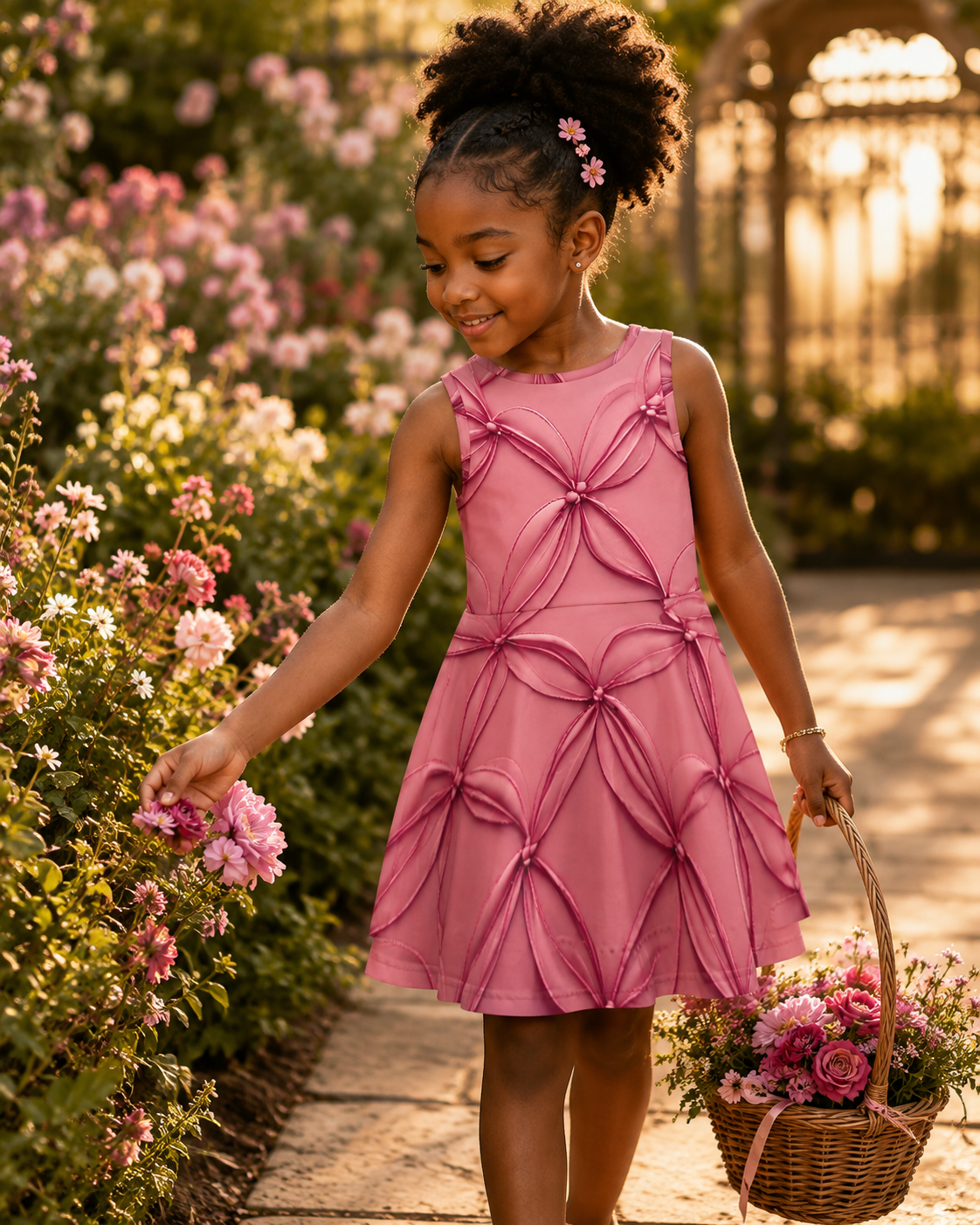 Amari Pink Petal Girls Dress | Elegant Floral A-Line Dress | Girls Special Occasion Dress | Iyalla Designs