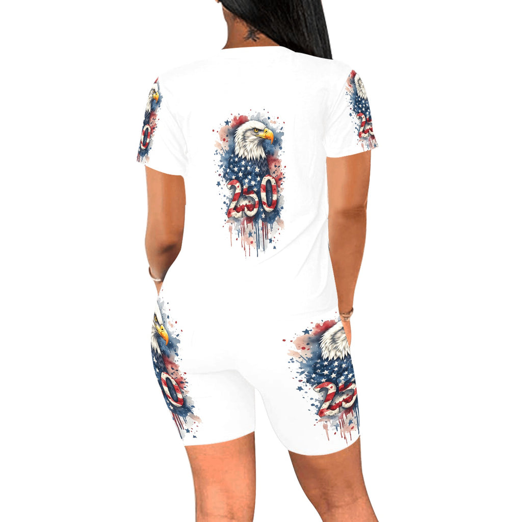 250 Patriotic One Piece Yoga Set | Eagle 1776-2026 Activewear Romper | USA Fourth of July Workout Outfit | Women's Biker Shorts Lounge Set | Independence Day Apparel