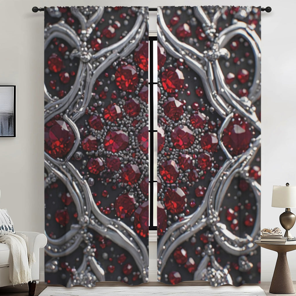 Luxury Ruby Gem Blackout Curtains | Red Jewel Window Panels | Gothic Glam Home Decor | Silver Baroque Curtain Panels | Elegant Living Room Drapes