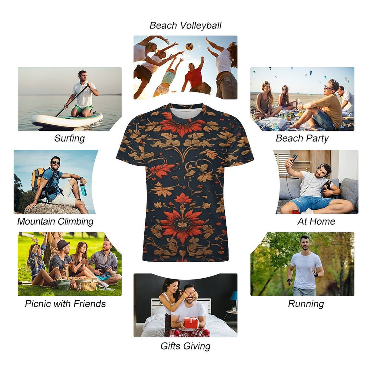Men’s Floral Print T Shirt, Navy Red Gold Botanical Tee, Artistic Statement Shirt, Luxury Casual Fall Shirt for Men