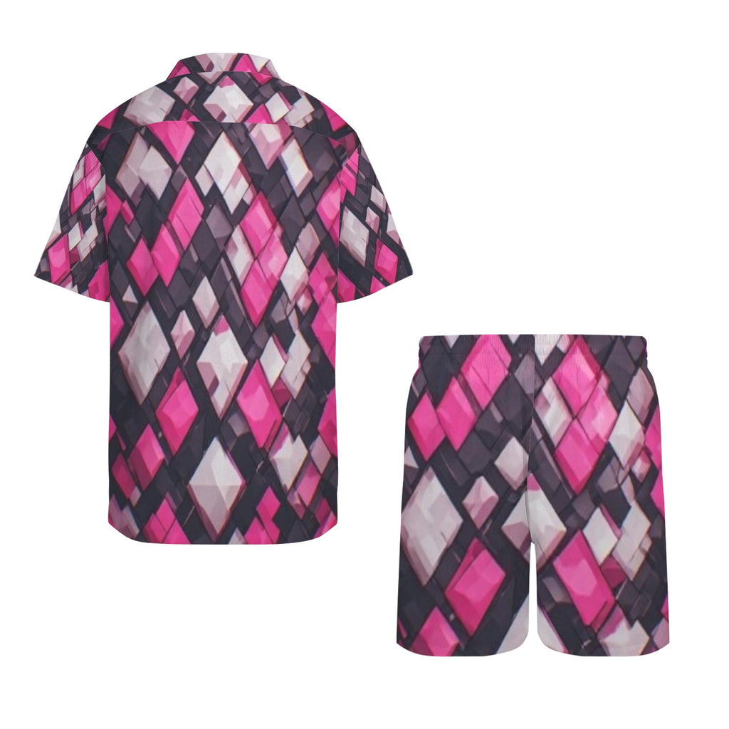 Men's Pink Geometric Matching Set, Tropical Vacation Outfit for Men, Summer Beach Shirt and Shorts Set, Resort Wear Co Ord Set, Cruise Outfit
