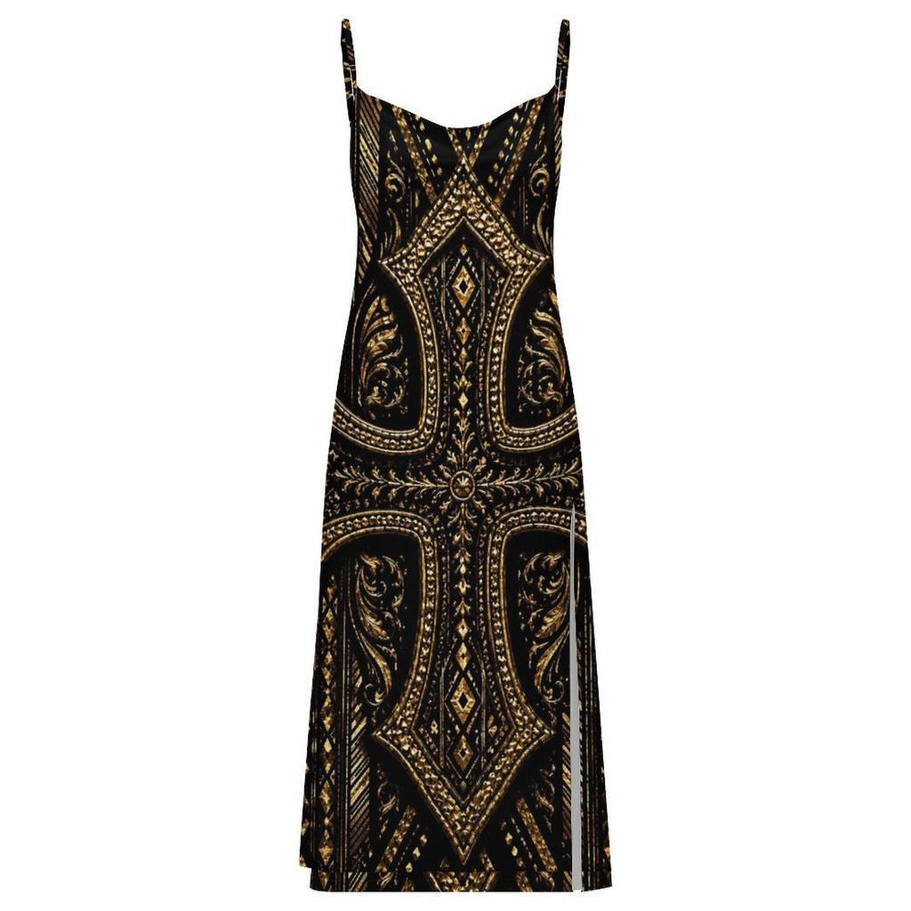 Makeda Black Gold African Print Maxi Dress | Women’s Luxury Spaghetti Strap Slit Dress | Elegant Cultural Statement Dress