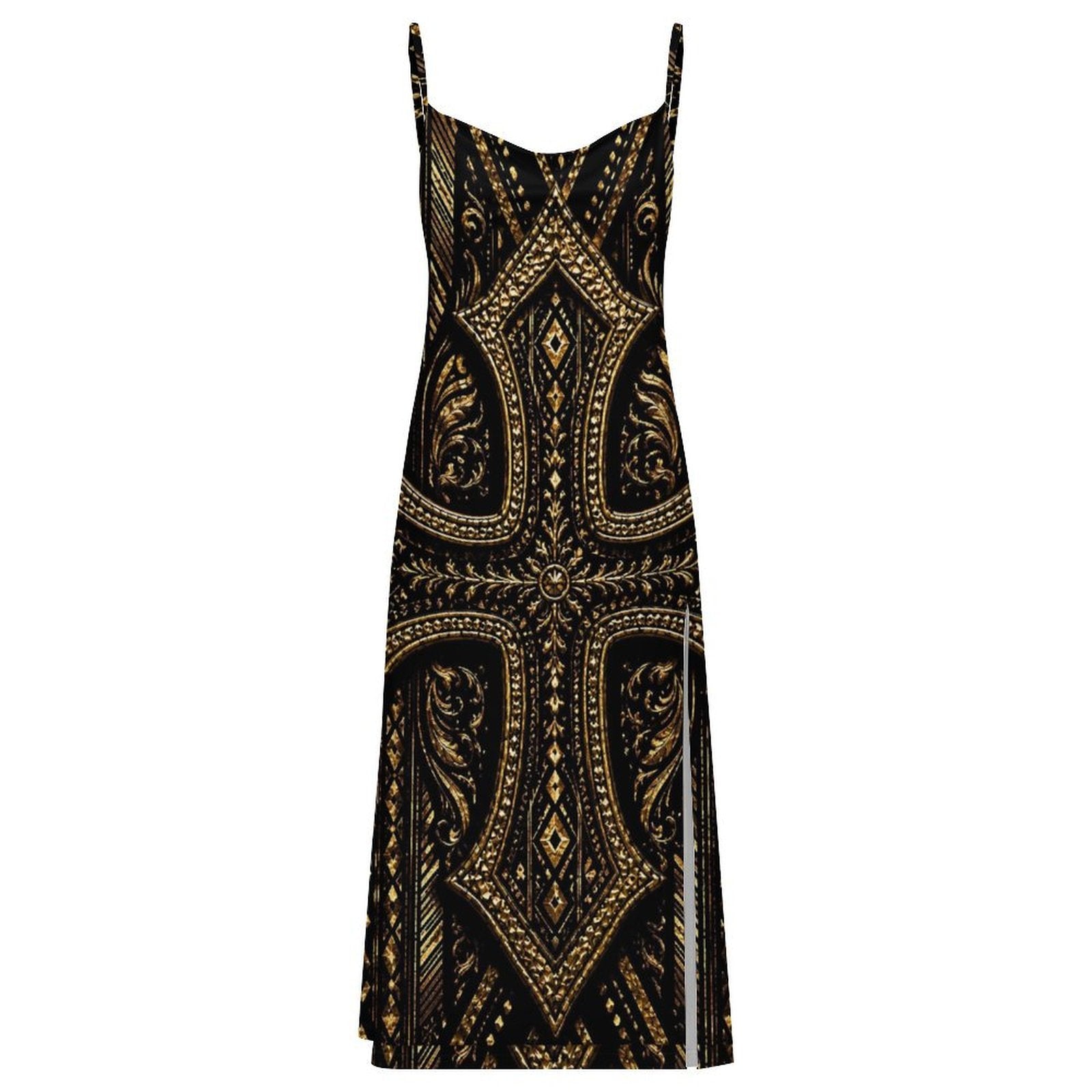 Makeda Black Gold African Print Maxi Dress | Women’s Luxury Spaghetti Strap Slit Dress | Elegant Cultural Statement Dress