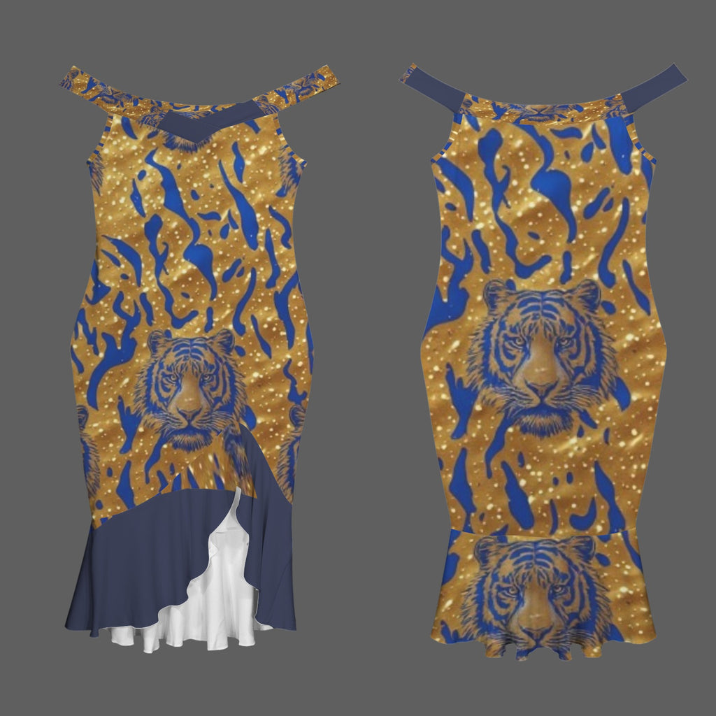 Royal Tiger Off-Shoulder Midi Dress | Blue & Gold Luxury Evening Dres