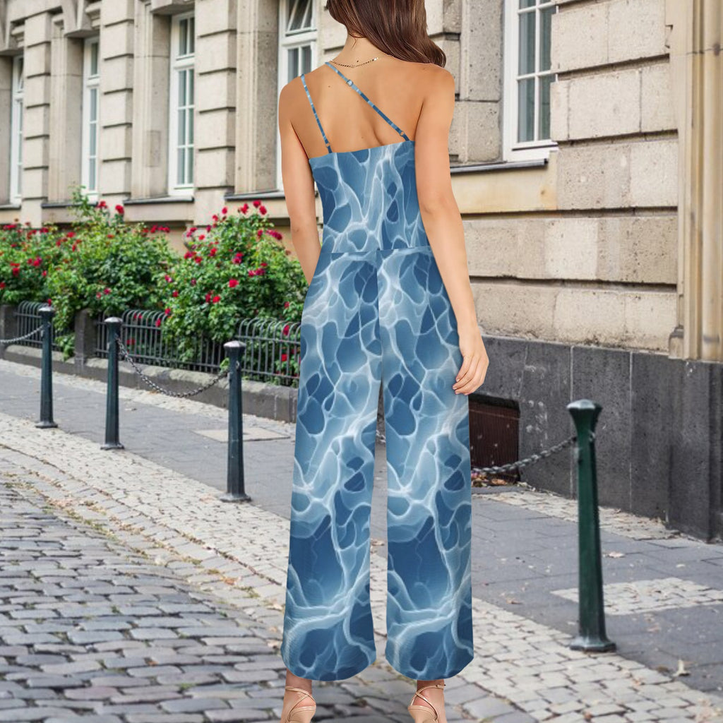 Women's Light Blue Water Print Jumpsuit | Strapless Wide Leg Jumper | Elegant Resort Vacation Outfit | Iyalla Designs