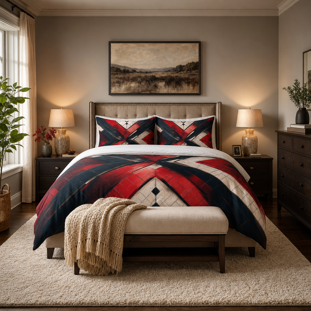 Luxury Geometric Duvet Cover Set | Modern Red Black Beige Bedding | Rustic Contemporary Bedroom Decor | King Queen Twin Bedding | Iyalla Designs