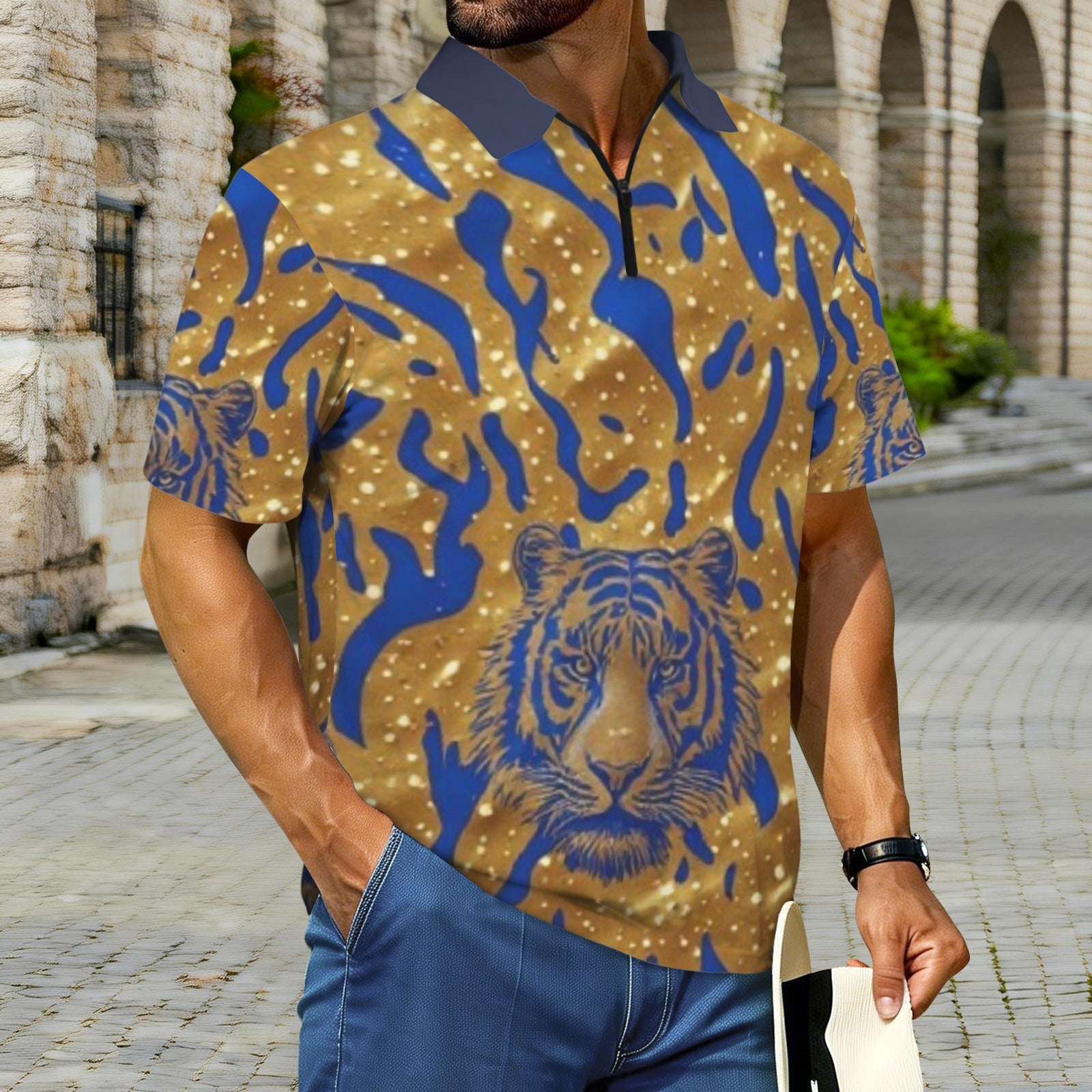 Men's Blue Gold Tiger Polo Shirt | Luxury African Print Golf Shirt | Regal Tiger Graphic Polo for Men | Casual Resort Wear | Statement Streetwear