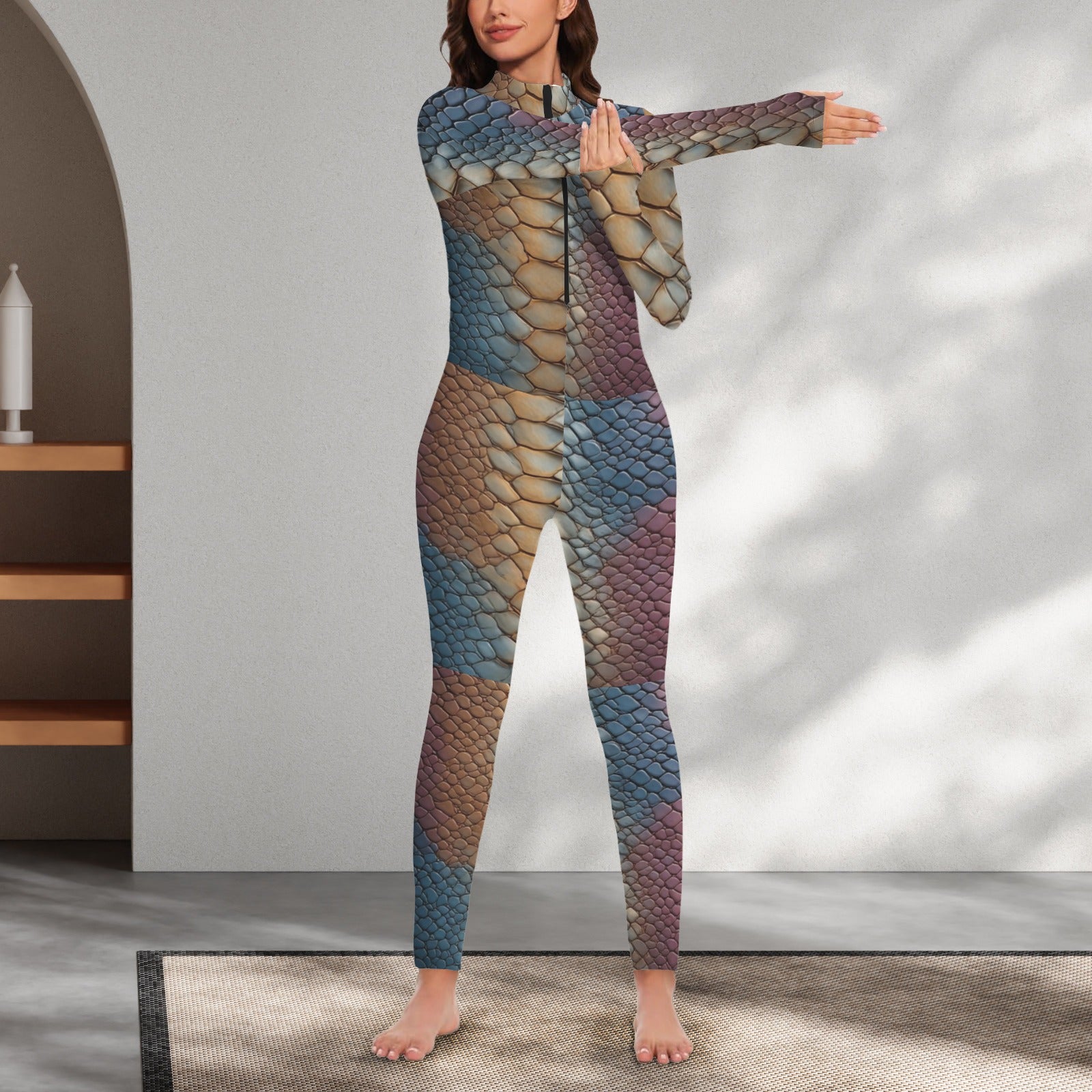 Luxury Snakeskin Catsuit | Women's Bodycon Jumpsuit | Gold & Blue One Piece | Long Sleeve Statement Outfit | Resort Evening Wear | Designer Fashion