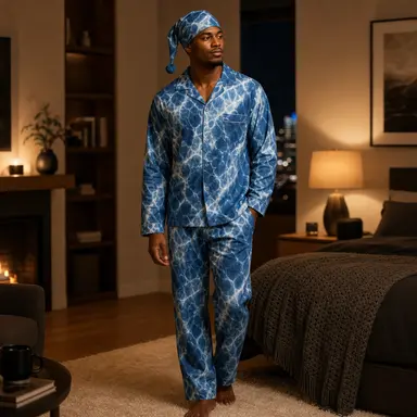 Men's Luxury Blue Marble Satin Pajama Set | African Inspired Long Sleeve Sleepwear | Premium Men's Lounge Set | Stylish Gift for Him